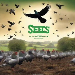 A dramatic movie poster for a film titled 'Seeds', depicting an epic war between pigeons and chickens on an Irish farm