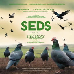 A dramatic movie poster for a film titled 'Seeds', depicting an epic war between pigeons and chickens on an Irish farm