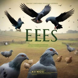 A dramatic movie poster for a film titled 'Seeds', depicting an epic war between pigeons and chickens on an Irish farm