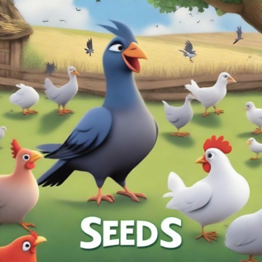 An animated movie poster for a film titled 'Seeds', depicting an epic war between pigeons and chickens on an Irish farm