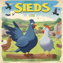 An animated movie poster for a film titled 'Seeds', depicting an epic war between pigeons and chickens on an Irish farm