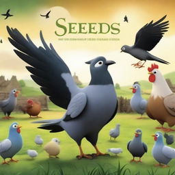 An animated movie poster for a film titled 'Seeds', depicting an epic war between pigeons and chickens on an Irish farm