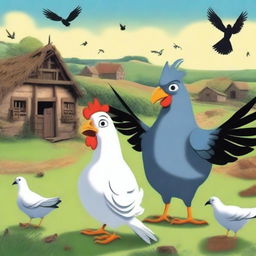 An animated movie poster for a film titled 'Seeds', depicting an epic war between pigeons and chickens on an Irish farm