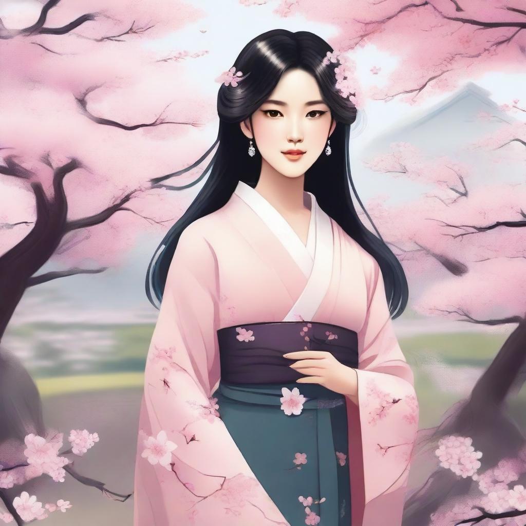 A detailed illustration of a young Asian woman with a serene expression, wearing traditional clothing