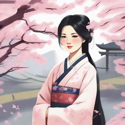 A detailed illustration of a young Asian woman with a serene expression, wearing traditional clothing