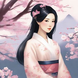 A detailed illustration of a young Asian woman with a serene expression, wearing traditional clothing