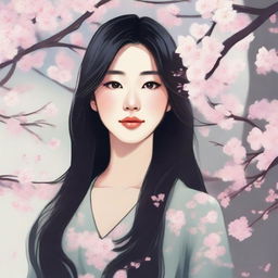 A detailed illustration of a young Asian woman with a serene expression, wearing casual clothing