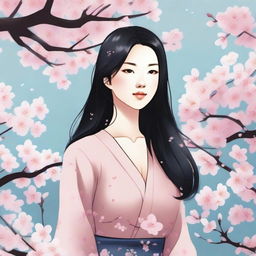 A detailed illustration of a young Asian woman with a serene expression, wearing casual clothing