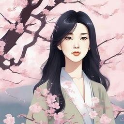 A detailed illustration of a young Asian woman with a serene expression, wearing casual clothing