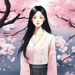 A detailed illustration of a young Asian woman with a serene expression, wearing casual clothing