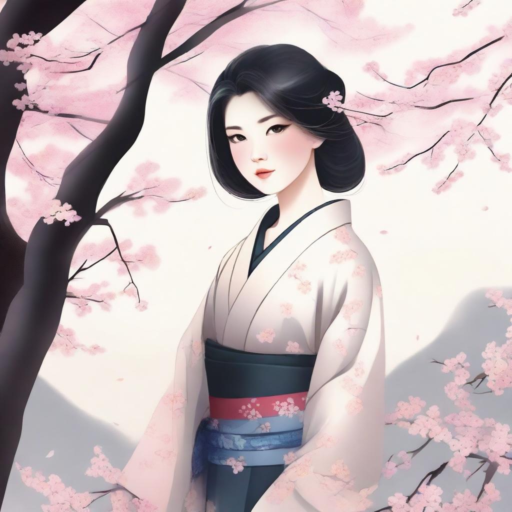 A detailed illustration of a young Asian woman with a serene expression, wearing a thin kimono