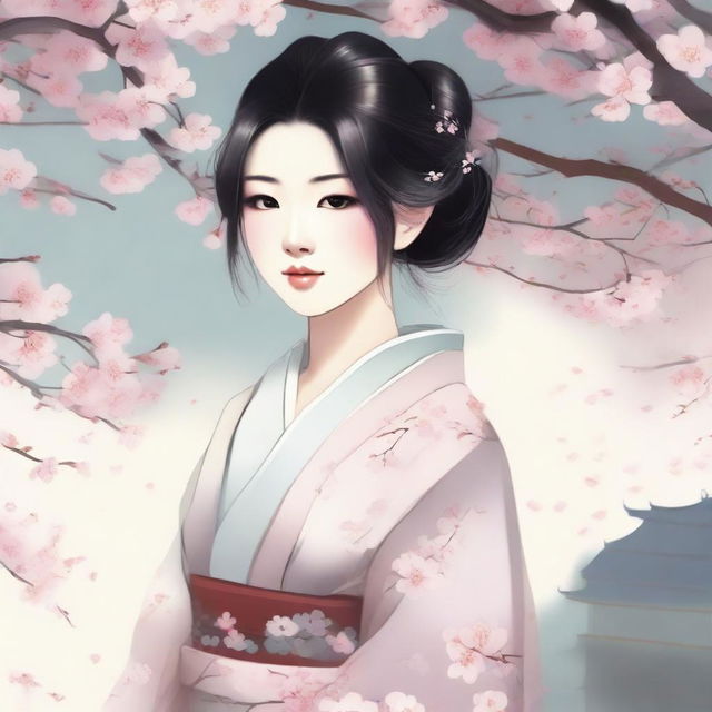 A detailed illustration of a young Asian woman with a serene expression, wearing a thin kimono