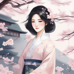 A detailed illustration of a young Asian woman with a serene expression, wearing a thin kimono