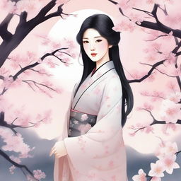 A detailed illustration of a young Asian woman with a serene expression, wearing a thin kimono