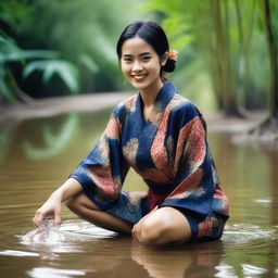 A beautiful and sexy Indonesian woman wearing a very short batik kimono, open in the middle, smiling seductively, playing with water while cleaning her feet in a clear and beautiful river