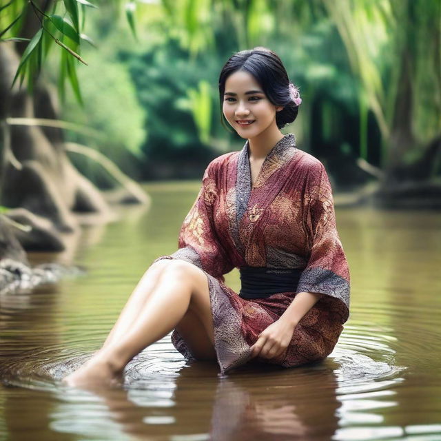 A beautiful and sexy Indonesian woman wearing a very short batik kimono, open in the middle, smiling seductively, playing with water while cleaning her feet in a clear and beautiful river