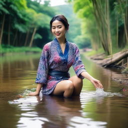 A beautiful and sexy Indonesian woman wearing a very short batik kimono, open in the middle, smiling seductively, playing with water while cleaning her feet in a clear and beautiful river