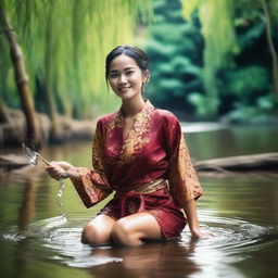 A beautiful and sexy Indonesian woman wearing a very short batik kimono, open in the middle, smiling seductively, playing with water while cleaning her feet in a clear and beautiful river