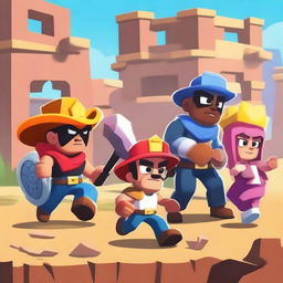 Create a vibrant and dynamic image featuring characters from Brawl Stars engaged in a heist scenario