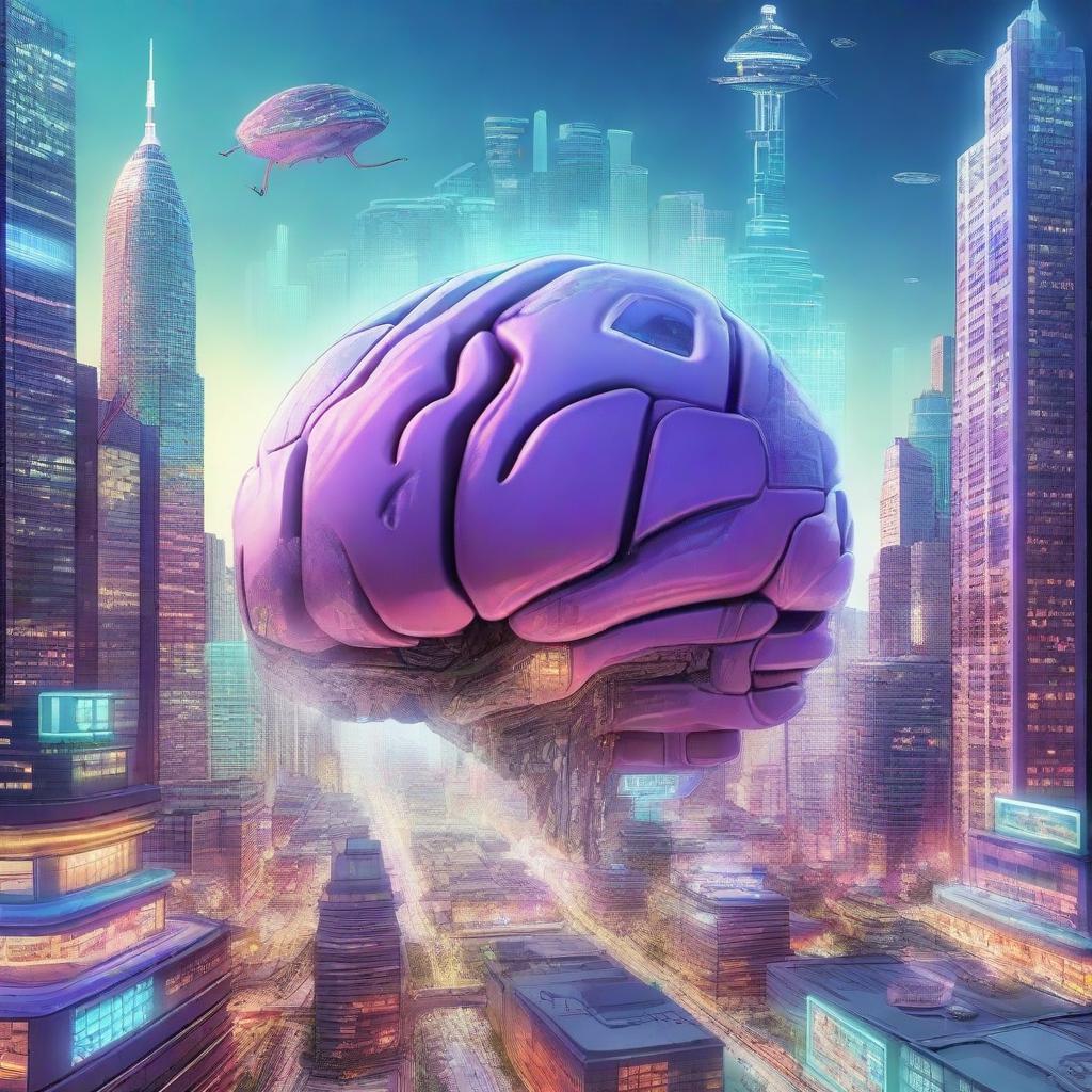 An imaginative scene where a futuristic city emerges from a human brain