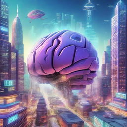 An imaginative scene where a futuristic city emerges from a human brain