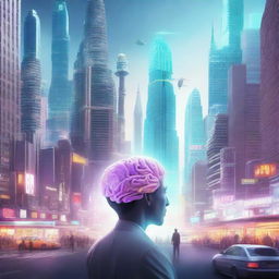 An imaginative scene where a futuristic city emerges from a human brain