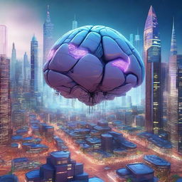 An imaginative scene where a futuristic city emerges from a human brain