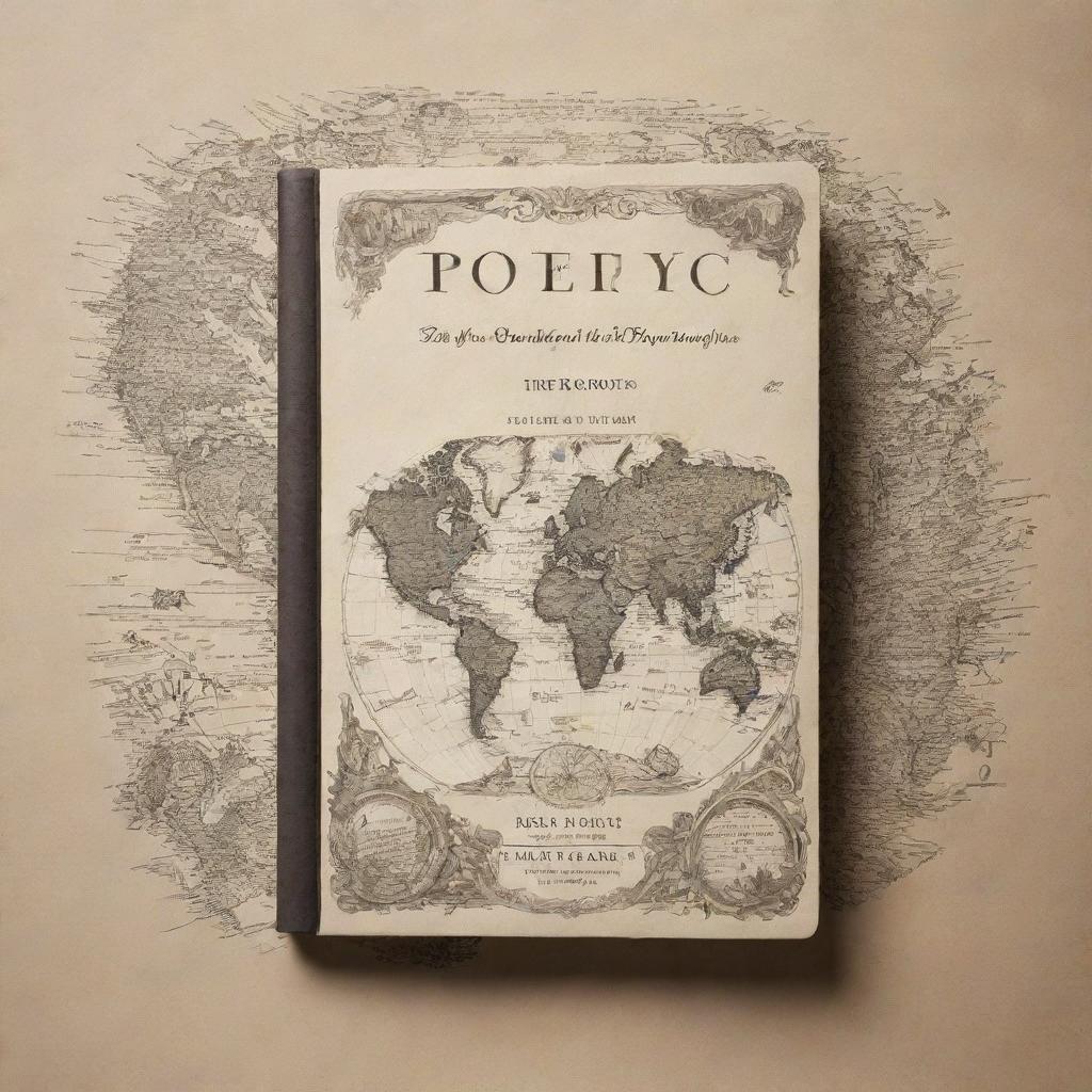 A visually striking book cover for a poetry collection. Incorporate motifs of global travel, without any passport, beautifully symbolizing the free movement of poetry. Core elements to include: classical ink pen, worn paper, symbolic world map, and evocative typography of the title: 'Poetry Travels the World with no Passport'.