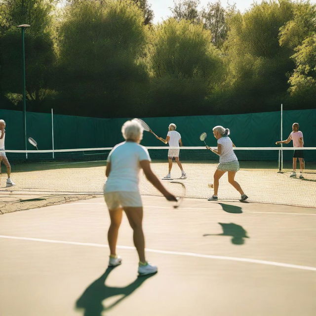 Children, teenagers, and elderly people playing tennis at a tennis training school