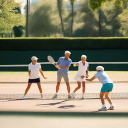 Children, teenagers, and elderly people playing tennis at a tennis training school