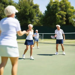 Children, teenagers, and elderly people playing tennis at a tennis training school