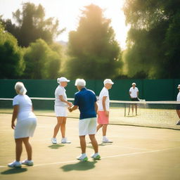 Children, teenagers, and elderly people playing tennis at a tennis training school