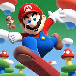 A vibrant and colorful image of Super Mario in his classic red hat and blue overalls, jumping high with a joyful expression