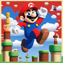 A vibrant and colorful image of Super Mario in his classic red hat and blue overalls, jumping high with a joyful expression