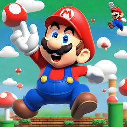 A vibrant and colorful image of Super Mario in his classic red hat and blue overalls, jumping high with a joyful expression