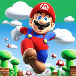 A vibrant and colorful image of Super Mario in his classic red hat and blue overalls, jumping high with a joyful expression