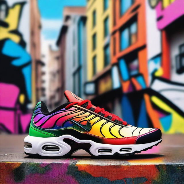 A stylish and vibrant image of a Nike TN sneaker, placed prominently in the foreground