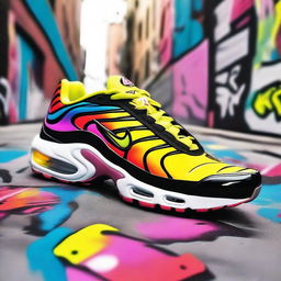 A stylish and vibrant image of a Nike TN sneaker, placed prominently in the foreground