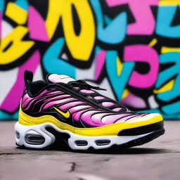 A stylish and vibrant image of a Nike TN sneaker, placed prominently in the foreground