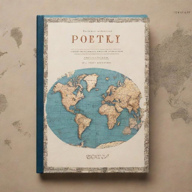 A visually striking book cover for a poetry collection. Incorporate motifs of global travel, without any passport, beautifully symbolizing the free movement of poetry. Core elements to include: classical ink pen, worn paper, symbolic world map, and evocative typography of the title: 'Poetry Travels the World with no Passport'.