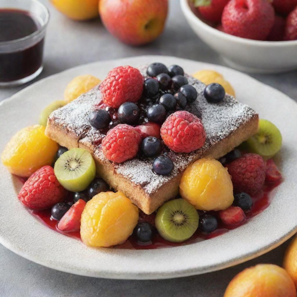 A delicious, sugary sweet dish. Glistening with syrup, topped with vibrant fruits and a dusting of powdered sugar for the perfect finishing touch