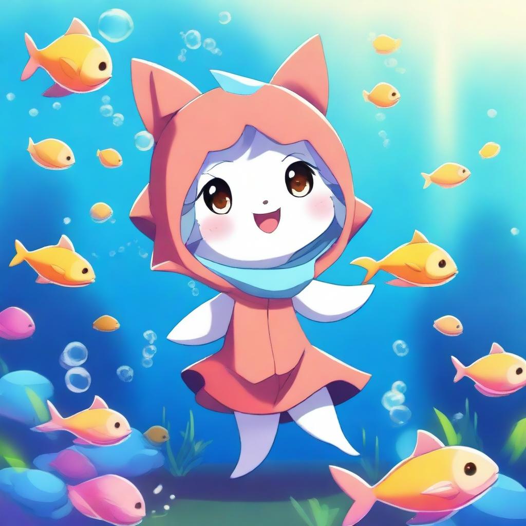 A cute anime-style tyanka character dressed in an adorable shark costume, with vibrant colors and detailed features