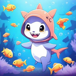 A cute anime-style tyanka character dressed in an adorable shark costume, with vibrant colors and detailed features