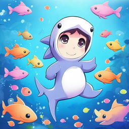 A cute anime-style tyanka character dressed in an adorable shark costume, with vibrant colors and detailed features