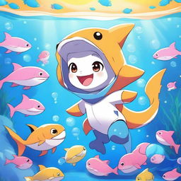 A cute anime-style tyanka character dressed in an adorable shark costume, with vibrant colors and detailed features