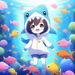 A cute anime girl dressed in an adorable shark costume, with vibrant colors and detailed features