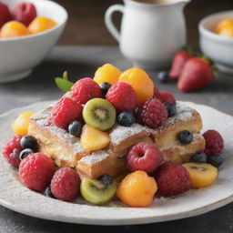 A delicious, sugary sweet dish. Glistening with syrup, topped with vibrant fruits and a dusting of powdered sugar for the perfect finishing touch