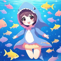 A cute anime girl dressed in an adorable shark costume, with vibrant colors and detailed features