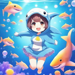 A cute anime girl dressed in an adorable shark costume, with vibrant colors and detailed features