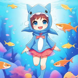 A cute anime girl dressed in an adorable shark costume, with vibrant colors and detailed features